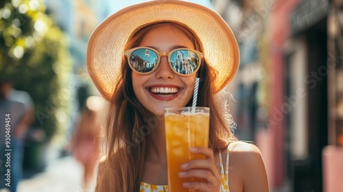 Happy Woman Enjoying a Refreshing Drink on a Sunny Day - A young woman with a bright smile, wearing sunglasses and a straw hat, holds a glass of refreshing orange juice on a sunny day. The image conve photo