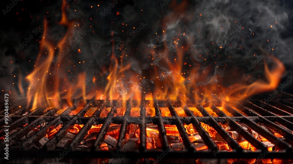 A close-up of a grill with flames and smoke, perfect for barbecuing. A close-up of a grill with flames and smoke, perfect for barbecuing.