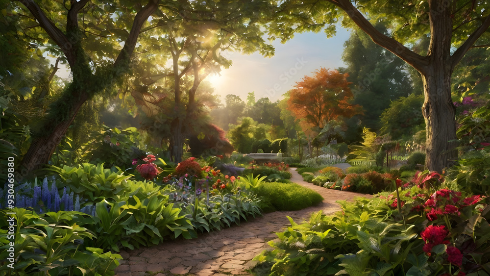 Lush Green Garden with a Tranquil Pond Lush Green Garden with a Tranquil Pond