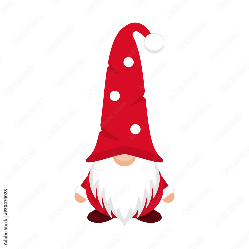 Celebration gnome in spotted cap. Happy christmas character in red hat covering his eyes with white beard as festive scandinavian symbol Celebration gnome in spotted cap. Happy christmas character in red hat covering his eyes with white beard as festive scandinavian symbol