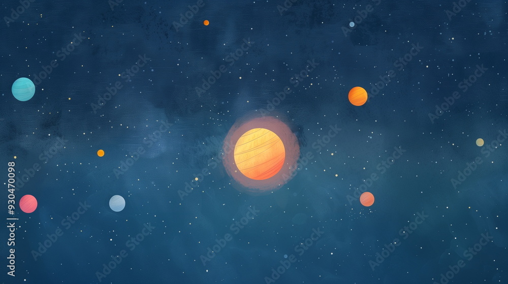 Fototapeta premium Abstract Solar System Illustration with Colorful Planets and Starry Night Sky in Digital Art, Space Concept, Cosmic Background