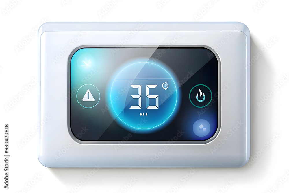 Modern Flat Vector Illustration of Holographic Smart Thermostat with Glowing Display on Glossy White Surface - Technology Integration and Home Automation Concept
