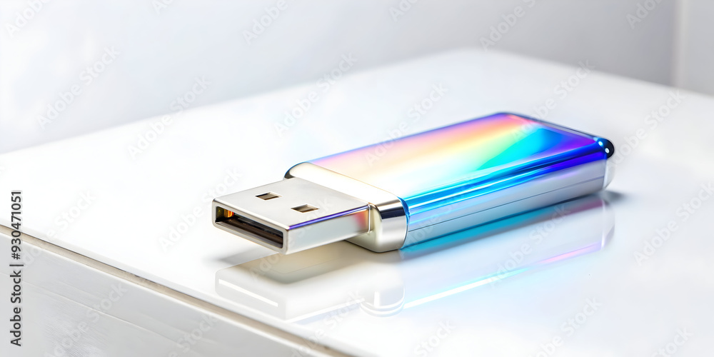 Modern Design: Flat Holographic USB Drive on Glossy Platform - Smart Business Concept in Simple Vector Illustration Modern Design: Flat Holographic USB Drive on Glossy Platform - Smart Business Concept in Simple Vector Illustration