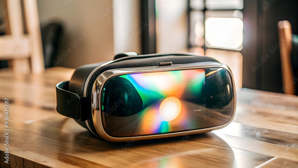 Virtual Reality Headset with Holographic Details on Glossy Table - Innovative VR Technology Concept in Flat Vector Illustration Virtual Reality Headset with Holographic Details on Glossy Table - Innovative VR Technology Concept in Flat Vector Illustration