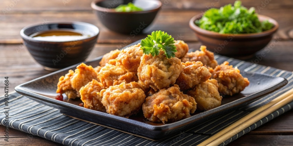 Crispy Japanese karaage with soy sauce for dipping, traditional Asian cuisine concept Crispy Japanese karaage with soy sauce for dipping, traditional Asian cuisine concept