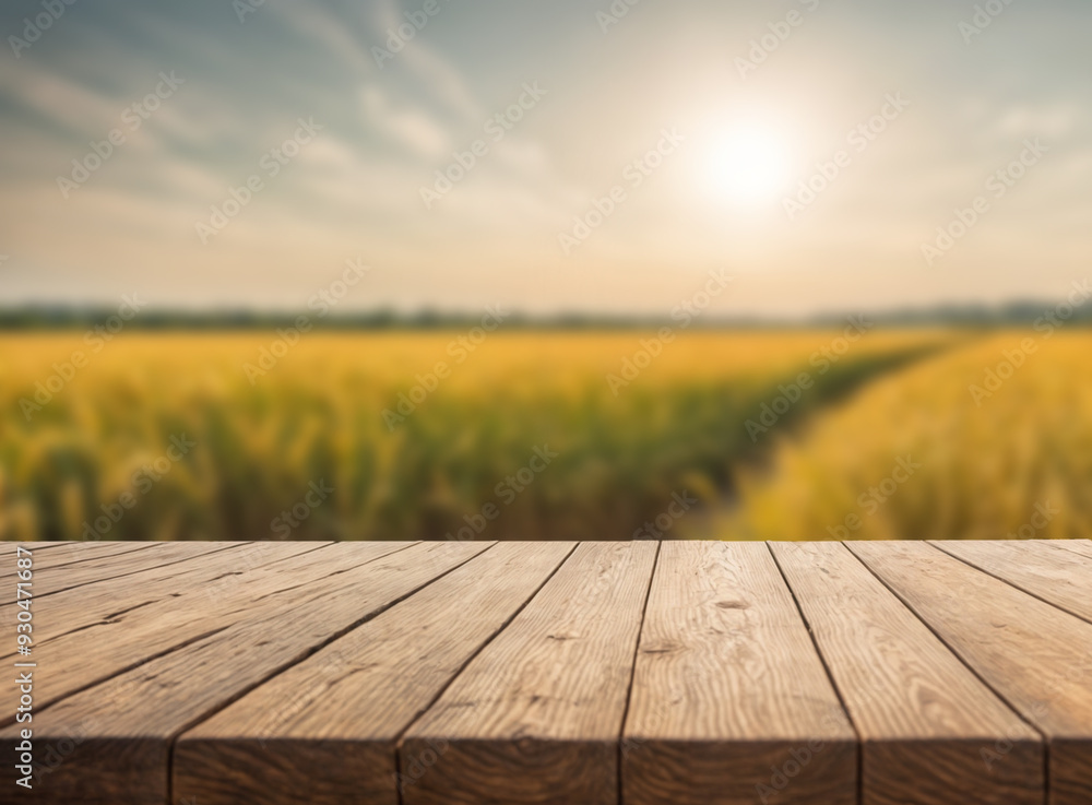 Empty wooden table with corn field and mountain Empty wooden table with corn field and mountain
