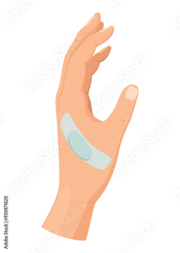 Hands injured skin and procedures of bandaging. First aid for wound. Medicine cure or treatment. First emergency help for human hand trauma