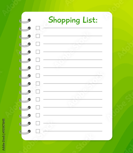 Shopping list. Notebook with spiral. Small book, diary, notepad. Copybook with lined notepaper