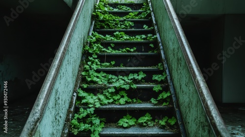 An abandoned staircase is overtaken by vibrant greenery, illustrating the resilience of nature as it reclaims man-made structures. A serene yet poignant reflection on time and decay. photo