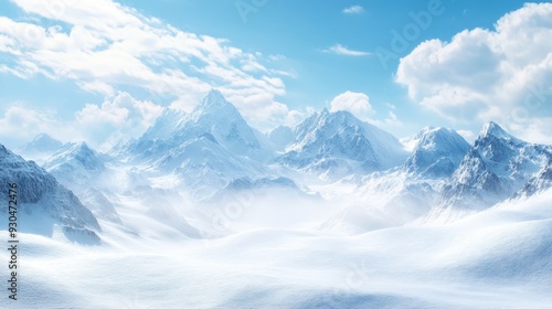 Majestic Snowy Mountain Range with Blue Sky and Clouds - A breathtaking panorama of a snow-covered mountain range with towering peaks, fluffy clouds, and a clear blue sky. The scene evokes a sense of 