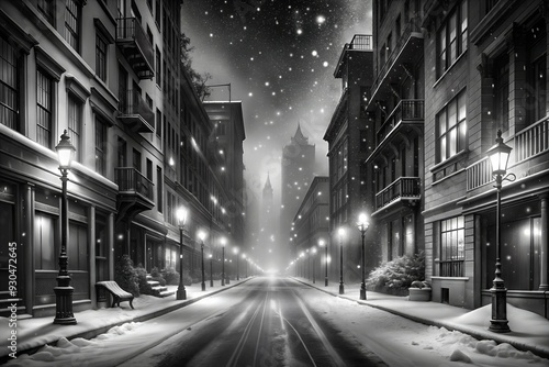 an empty, nighttime street of a snowy city, with snow slowly falling