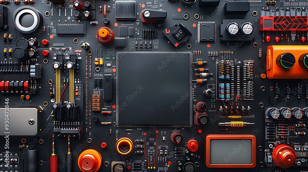 Fototapeta premium A seamless pattern of physics lab equipment, featuring oscilloscopes, circuit boards, and test leads, arranged in a complex and technical pattern, with vibrant colors against a dark background,