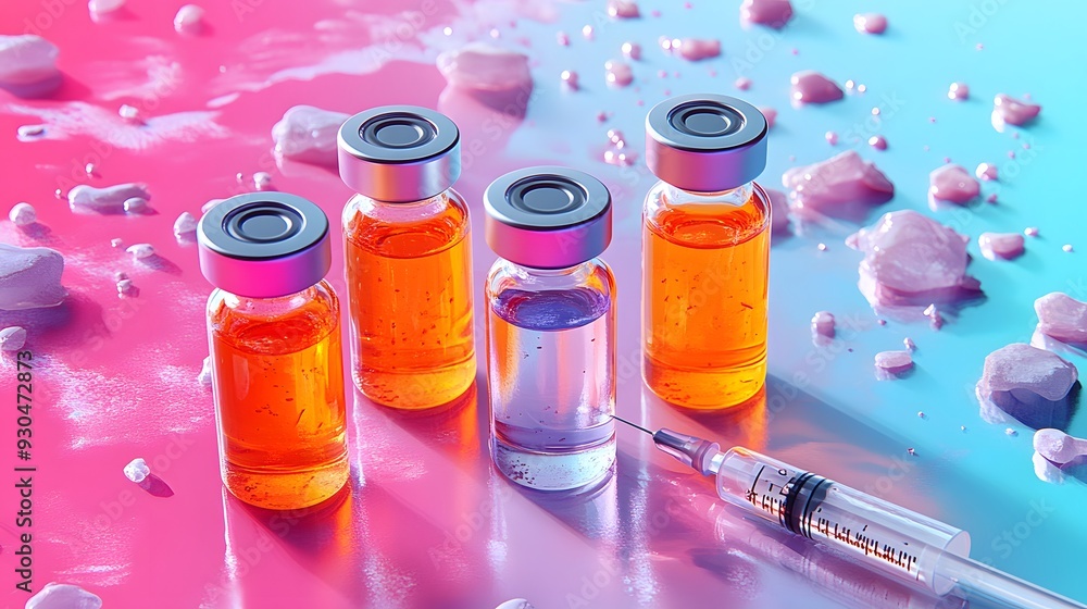 3D vector illustration of insulin vials and syringes on a clean surface, representing diabetes treatment tools. 3D vector illustration of insulin vials and syringes on a clean surface, representing diabetes treatment tools.