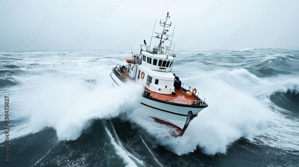 Fototapeta premium Boat navigating through rough waters with tall waves and stormy weather conditions.