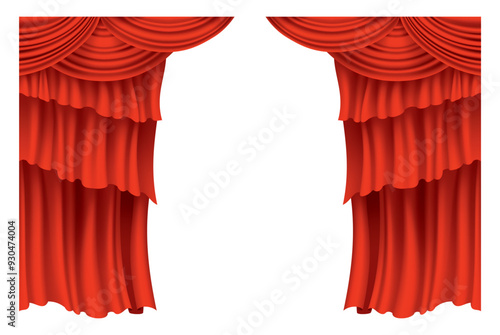 Red curtains realistic. Theater fabric silk decoration for movie cinema or opera hall. Curtains and draperies interior decoration object. Isolated on transparent for theater stage