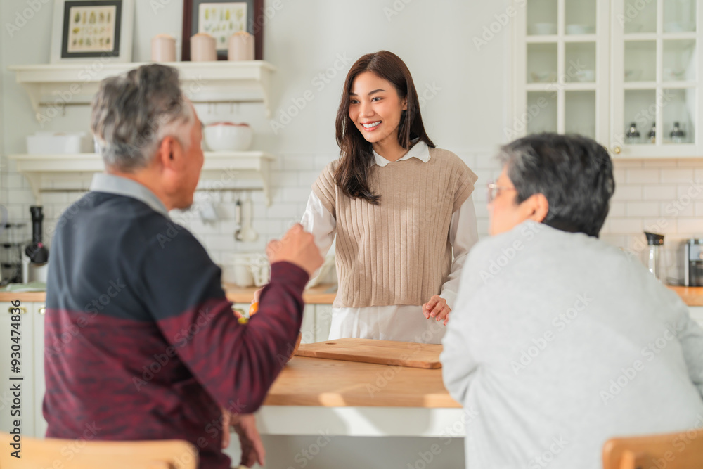 Fototapeta premium mother day family relation bonding at home asian family mother father and daughter enjoy cuddle conversation morning lifestyle hapiness joyful moment while stay at kitchen area home love bonding