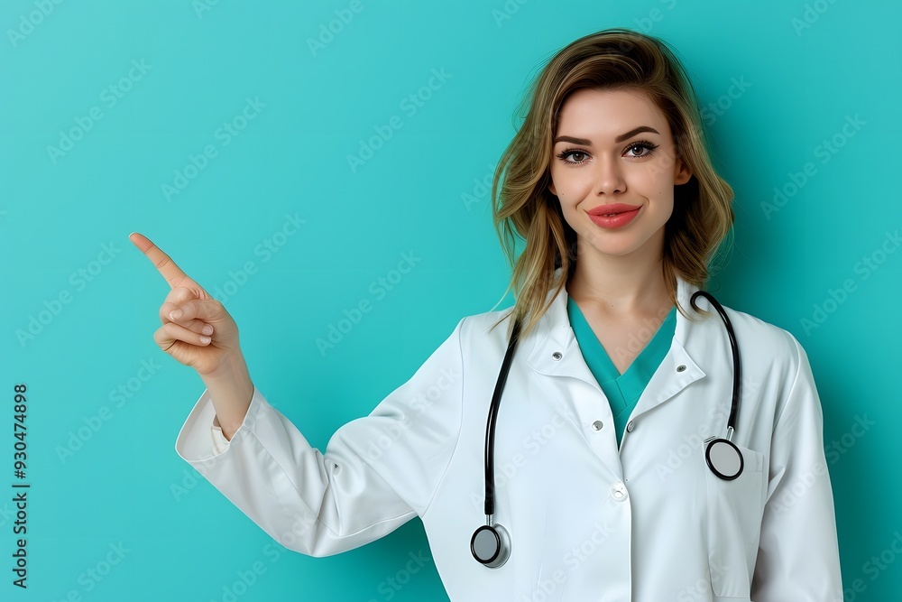 Smiling Female Doctor Pointing with Stethoscope Smiling Female Doctor Pointing with Stethoscope