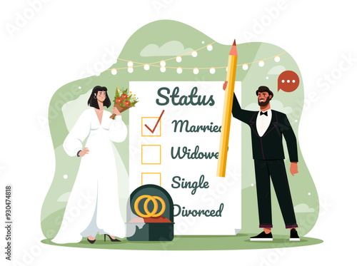 People with marital status. Man in suit and woman in white dress carrying document with wedding status. Happy bride and groom, husband and wife. Love and romance. Flat vector illustration