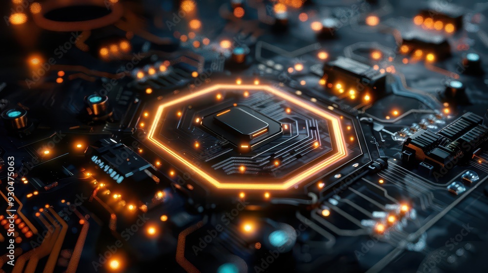 Detailed close-up of a modern computer circuit board with illuminated components highlighting cutting-edge technology. Detailed close-up of a modern computer circuit board with illuminated components highlighting cutting-edge technology.