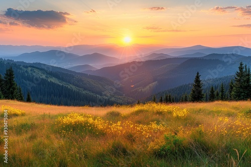 Sunset Mountains landscape, hills in wildflowers, autumn colors, golden hour, panoramic view