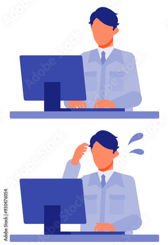 Working man. Concept for Problem Solving. Man cartoon character. People face profiles avatars and icons. Close up image of PC man.