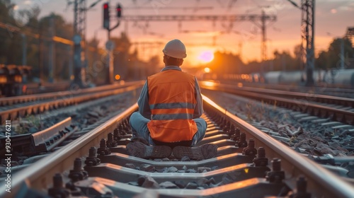 Railroad Worker Sitting on Tracks at Sunset photo