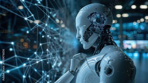 A futuristic robot examining digital connections, symbolizing advanced technology and the future of artificial intelligence.