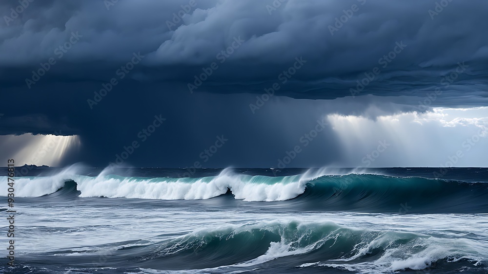 Storm is approaching. Huge grey cloud over dark raging waves. The water is foaming. Concept of environmental protection and natural disasters Storm is approaching. Huge grey cloud over dark raging waves. The water is foaming. Concept of environmental protection and natural disasters