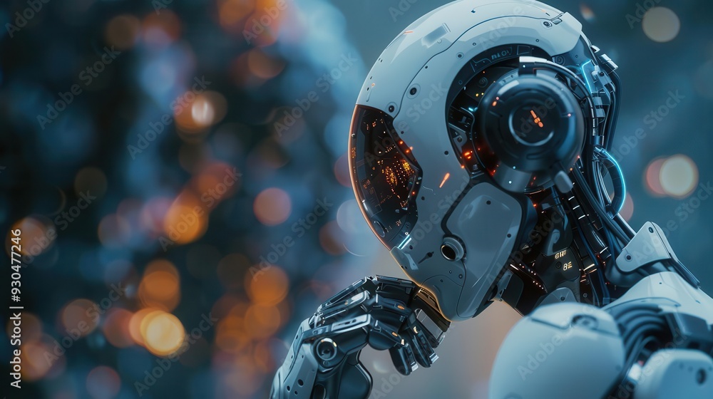 A futuristic robot pondering with intricate technology, showcasing innovation and advanced design in a mesmerizing environment. A futuristic robot pondering with intricate technology, showcasing innovation and advanced design in a mesmerizing environment.