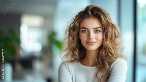 Portrait of young woman with curly hair in office room