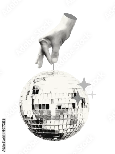 Fototapeta na wymiar Halftone hand holding disco ball hanging on string collage element. Cut out of a magazine party festive symbol. Trendy modern retro vector illustration isolated on transparent background