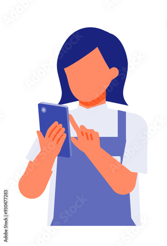 Working Woman. Concept for Problem Solving. Woman cartoon character. People face profiles avatars and icons. Close up image of smartphone Woman.