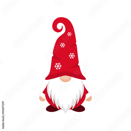 Funny gnome in cap with snowflakes. Greeting little christmas character in hat covering his eyes with white vector beard