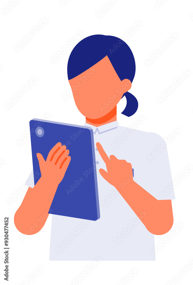 Working Woman. Concept for Problem Solving. Woman cartoon character. People face profiles avatars and icons. Close up image of tablet Woman. Working Woman. Concept for Problem Solving. Woman cartoon character. People face profiles avatars and icons. Close up image of tablet Woman.