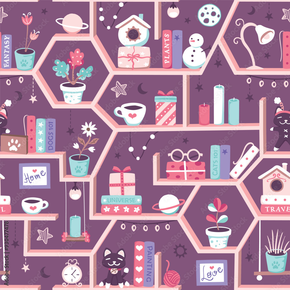 Seamless pattern with a cute pink bookshelf with little books, plants, coffee mugs, colorful boxes and stuffed animals on a purple background. Repeated surface vector design. Seamless pattern with a cute pink bookshelf with little books, plants, coffee mugs, colorful boxes and stuffed animals on a purple background. Repeated surface vector design.