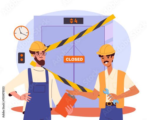 Men repairing elevator. Young guys in uniform near broken elevator. Team of repairmen and handymen. Maintenance workers with tools. Flat vector illustration isolated on white background
