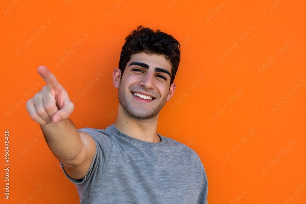Smiling Young Man Pointing Finger Happy Cheerful Friendly Attractive Handsome Smiling Young Man Pointing Finger Happy Cheerful Friendly Attractive Handsome