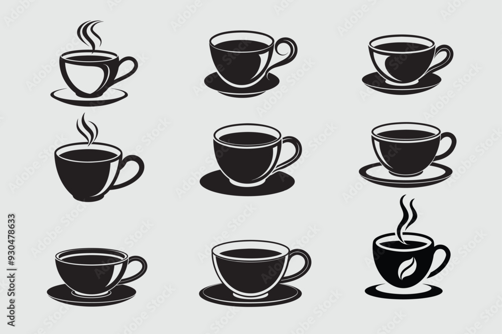 Set of Coffee Cups Vector Illustration - Black Silhouette, Line Art, Vector Icon Clipart Set of Coffee Cups Vector Illustration - Black Silhouette, Line Art, Vector Icon Clipart