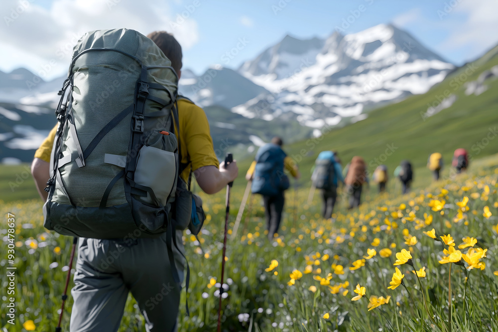 Group of Hikers Trekking Through Mountainous Alpine Meadow with Snow-Capped Peaks Group of Hikers Trekking Through Mountainous Alpine Meadow with Snow-Capped Peaks