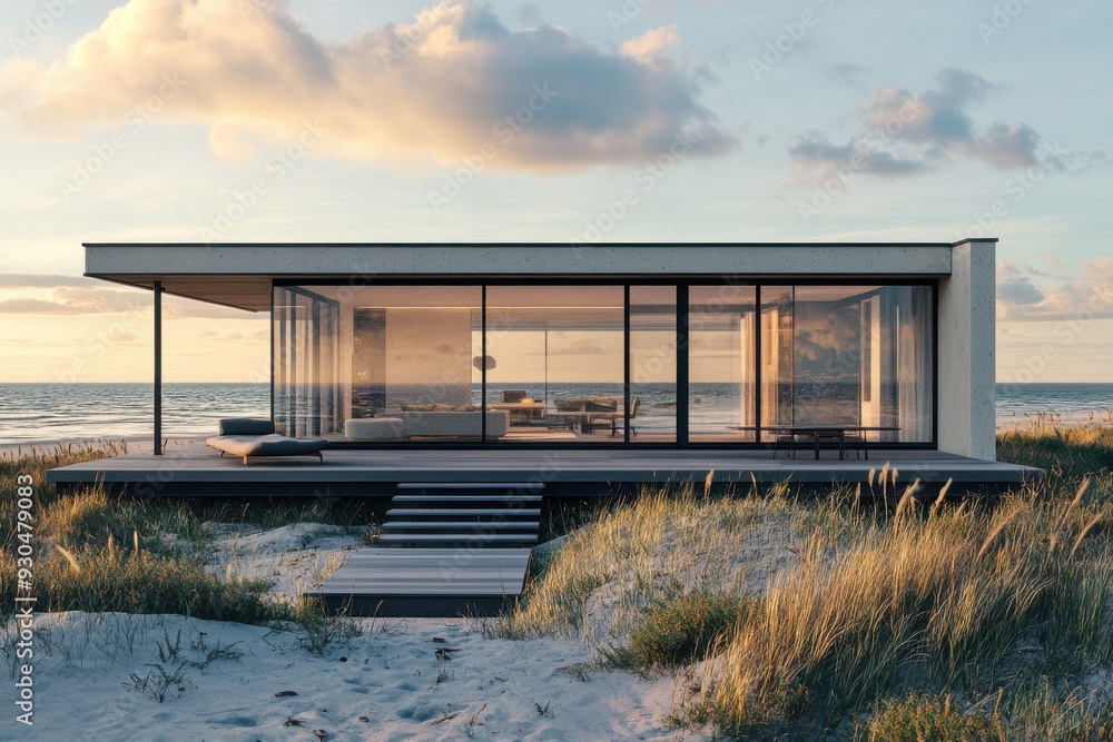A small house with a large glass window overlooking the ocean A small house with a large glass window overlooking the ocean
