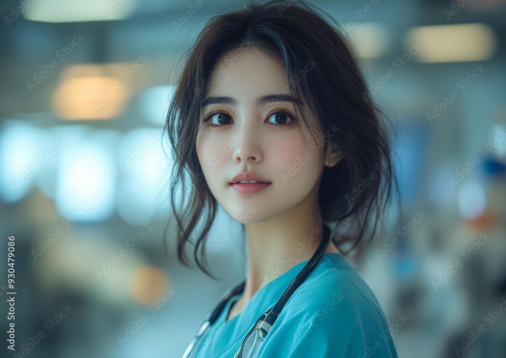 A young female doctor wearing blue scrubs and a stethoscope, standing in a modern hospital setting with a confident and caring expression, ideal for healthcare, medical A young female doctor wearing blue scrubs and a stethoscope, standing in a modern hospital setting with a confident and caring expression, ideal for healthcare, medical