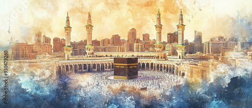 Watercolor hand draw The Masjid al-Haram in Mecca Saudi Arabia