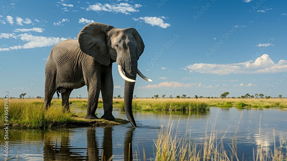 Fototapeta premium An elephant stands near a water body in a serene, natural landscape.