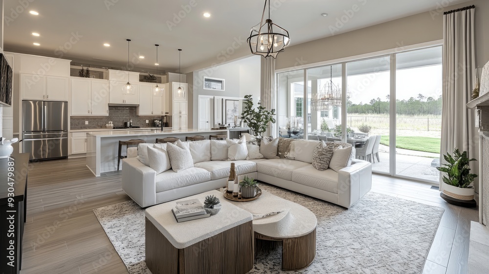 Open concept design of the living room and kitchen in a new luxurious home Open concept design of the living room and kitchen in a new luxurious home