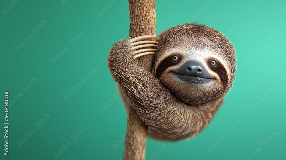 Fototapeta premium A 3D sloth hanging from a branch with a soft pastel background on the right, symbolizing the slow and steady life of zoo animals