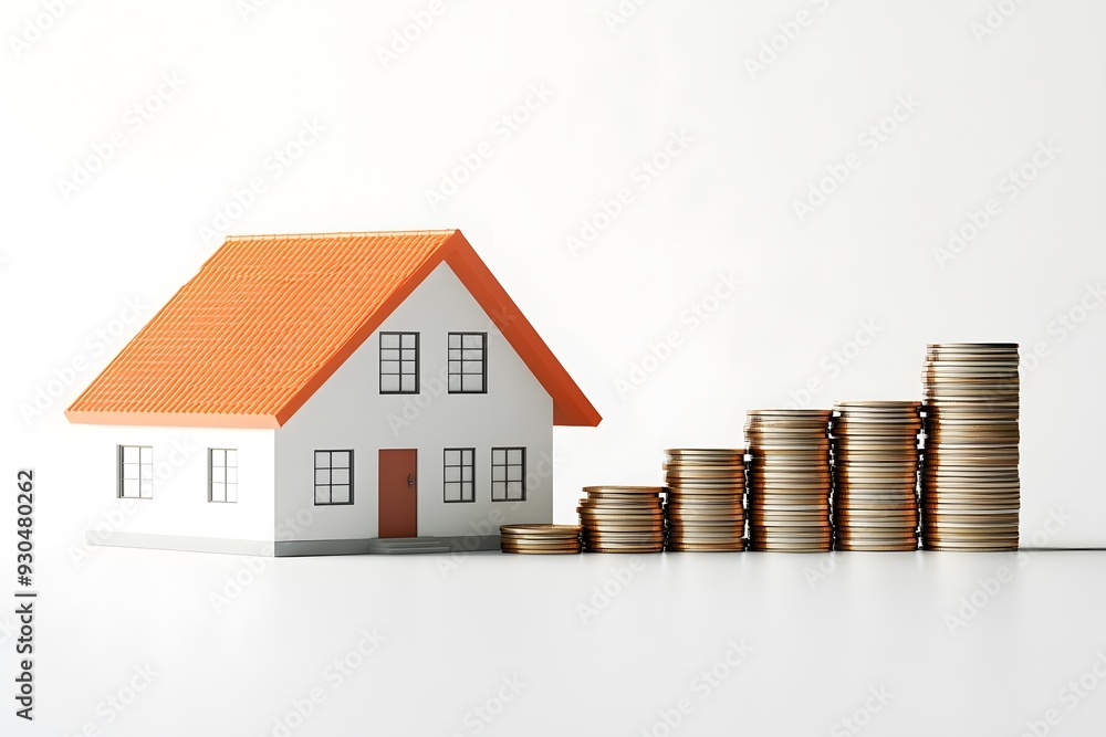 Coins and a house model, representing the property ladder, mortgage, and real estate investment concepts. Coins and a house model, representing the property ladder, mortgage, and real estate investment concepts.