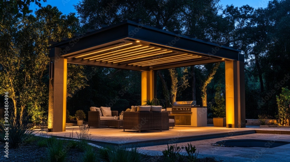 Wonderful nighttime picture of an opulent outdoor pergola with lighting and LED panels. Fully mobile-controlled, situated in an elegant family home's garden Wonderful nighttime picture of an opulent outdoor pergola with lighting and LED panels. Fully mobile-controlled, situated in an elegant family home's garden