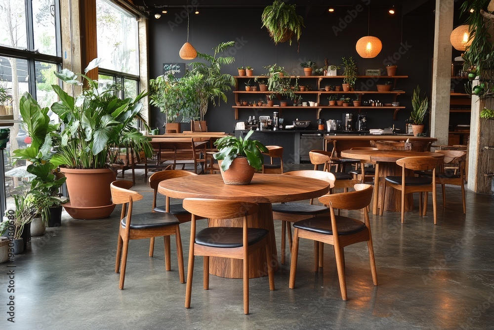 Modern Cafe Interior with Wooden Furniture and Plants Modern Cafe Interior with Wooden Furniture and Plants