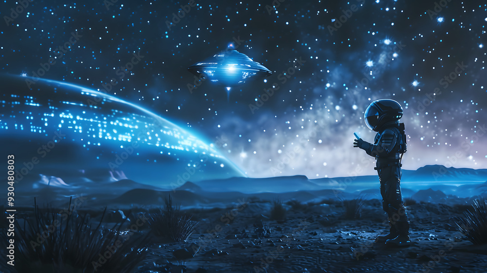 Obraz premium A alien standing on a planet contacting with his spaceship with special device which is looking like a mobile.