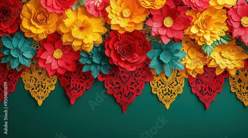 A vibrant Hispanic heritage background featuring a colorful paper picado banner and a traditional Latin pattern, rich shade of green and red